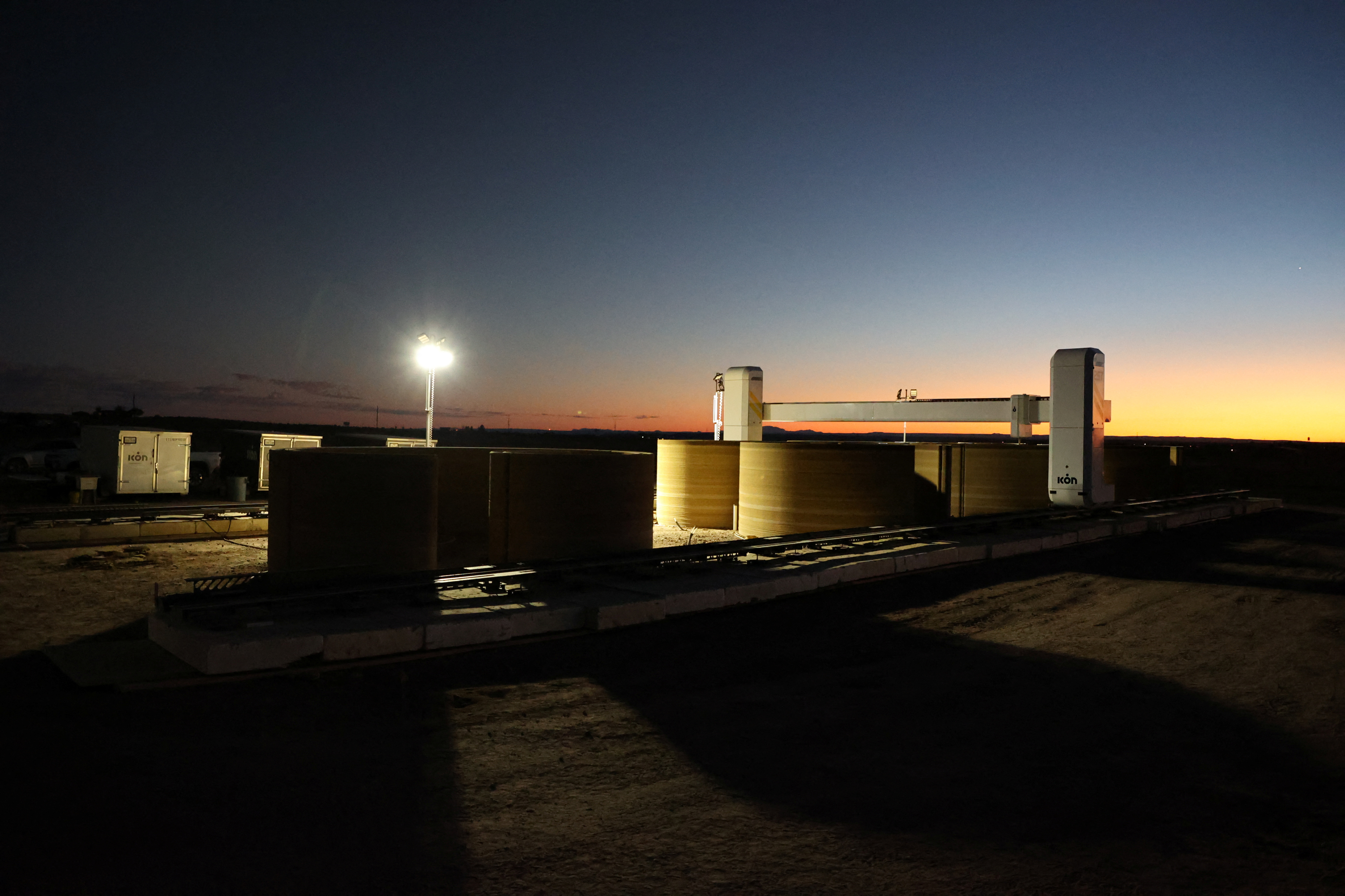 The 3D printer worksite of the first residential home and hotel unit at El Cosmico campground and hotel in Marfa